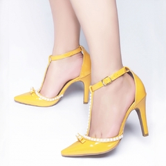 Scarpin Moderno Salto 9cm Fino Com Pérolas em ABS Amarelo - comprar online