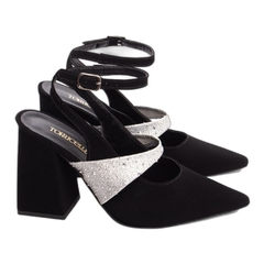 Scarpin em Nobuck Preto e Glitter Prata Salto Grosso 8.5cm Antiderrapante - Calçadospravc | Comprar Calçados Femininos Online | Comprar Scarpins