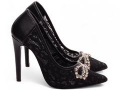 Sapato Scarpin Salto 12 | Glamour e Sofisticação em Napa e Tecido Preto - Calçadospravc | Comprar Calçados Femininos Online | Comprar Scarpins