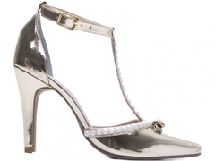 Scarpin Moderno Salto 9cm Pérolas e Metalizado Specchio Ouro - Calçadospravc | Comprar Calçados Femininos Online | Comprar Scarpins