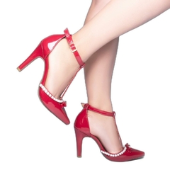 Scarpin Luxo e Glamour Salto 9cm Fino Com Perolas em ABS Vermelho