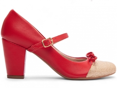 Sapato Boneca Mary Jane | Glamour e Conforto em Napa Vermelho com Glitter Ouro Light - loja online