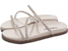 Sandália Papete Birken: Manta Strass Off White | Apliques Prata | Vc + Linda ainda em Off White | Solado Bege - comprar online