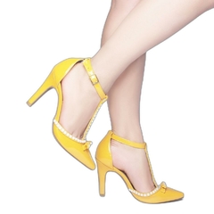 Imagem do Scarpin Luxo e Glamour Salto Fino 9cm Com Perolas em ABS Amarelo