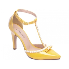 Scarpin Luxo e Glamour Salto Fino 9cm Com Perolas em ABS Amarelo