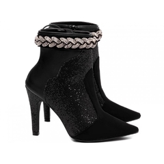 Imagem do Bota Bico Fino Salto 10cm com Glitter e Strass Glamour e Sofisticacao em Napa Preto