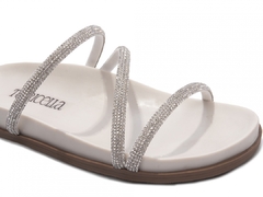 Sandália Papete Birken: Manta Strass Off White | Apliques Prata | Vc + Linda ainda em Off White | Solado Bege - loja online