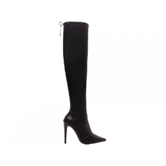 Bota Over Bico Fino Salto 12cm Cano Alto em Napa Stretch Preto Para Mulher Elegante