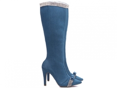 Bota Bico Fino Feminina Cano Alto Salto 10cm Jeans Azul na internet