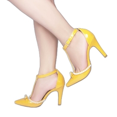 Scarpin Luxo e Glamour Salto Fino 9cm Com Perolas em ABS Amarelo - comprar online