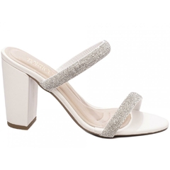 Tamanco Salto Grosso 8.5cm Elegancia Pura em Off White e Strass Prata