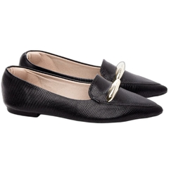 Sapatilha Mocassim Feminino Bico Fino Elegancia em Napa Lezard Preto - Calçadospravc | Comprar Calçados Femininos Online | Comprar Scarpins