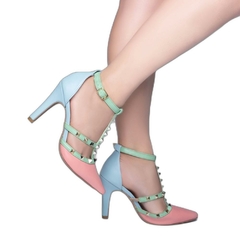 Imagem do Scarpin Luxo e Glamour Salto 9cm Fino em Cone Rosa Azul e Verde