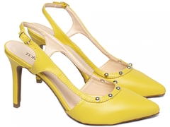 Scarpin Ellegancê Salto 9,5cm Fino Cone Enfeite Dourado Amarelo - Calçadospravc | Comprar Calçados Femininos Online | Comprar Scarpins