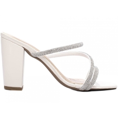 Tamanco Salto Grosso 8.5cm Luxo Classico com Strass Prata Off White - loja online