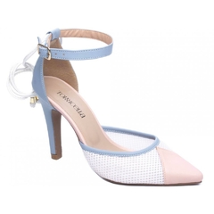 Scarpin Luxo Classe A Salto 9cm Fino em Cone Azul Rosa e Branco