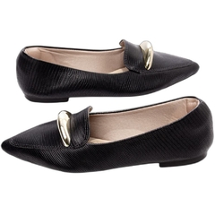 Sapatilha Mocassim Feminino Bico Fino Elegancia em Napa Lezard Preto