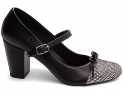 Sapato Boneca Mary Jane | Glamour e Conforto em Napa Preto com Glitter Prata