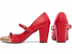 Sapato Boneca Mary Jane | Glamour e Conforto em Napa Vermelho com Glitter Ouro Light - comprar online