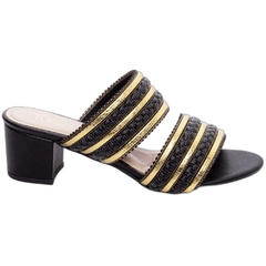 Sandalia Tamanco Preto e Dourado Salto 5cm Antiderrapante