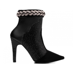 Bota Bico Fino Salto 10cm com Glitter e Strass Glamour e Sofisticacao em Napa Preto