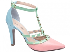 Scarpin Moderno Salto 9cm Fino em Cone Rosa Azul e Verde