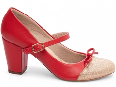 Sapato Boneca Mary Jane | Glamour e Conforto em Napa Vermelho com Glitter Ouro Light