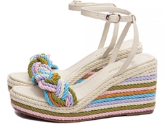 Anabela Off White - Plataforma 8cm, Tranças Coloridas - comprar online