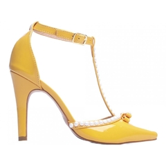 Scarpin Luxo e Glamour Salto Fino 9cm Com Perolas em ABS Amarelo - Calçadospravc | Comprar Calçados Femininos Online | Comprar Scarpins