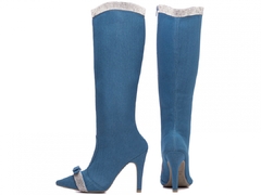 Bota Bico Fino Feminina Cano Alto Salto 10cm Jeans Azul