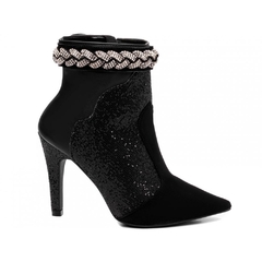 Bota Bico Fino Salto 10cm com Glitter e Strass Glamour e Sofisticacao em Napa Preto