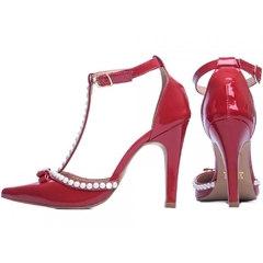 Scarpin Luxo e Glamour Salto 9cm Fino Com Perolas em ABS Vermelho - comprar online