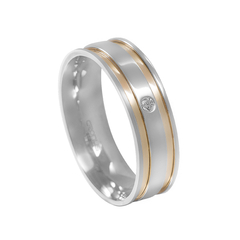 ALIANÇA PRATA 925 RETA C/ FILETE DOURADO ZIRCONIA - 6MM - ROP62