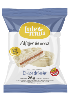 Alfajor de Arroz lulemuu relleno Dulce de leche bañado en chocolate BLANCO unid 26 gr.