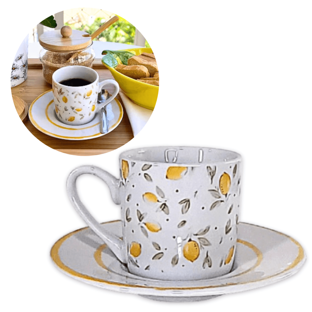 Jogo de 4 xícaras de chá porcelana limão siciliano borda de ouro - CASA  MARQUEZ