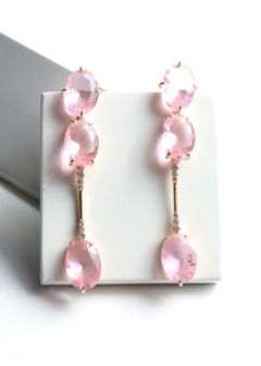 Brinco Gota e Retangulo Cristal Rosa Com Zirconias - comprar online