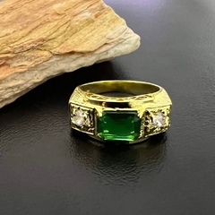 Anel masculino pedra verde zircônia banho ouro 18k - Lobo Joias