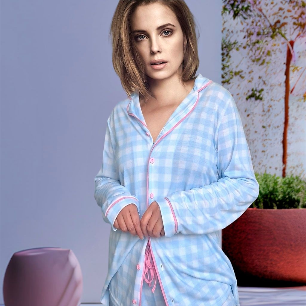 Pijama Adulto Alcinha Ted Xadrez c/ Calça Xadrez Azul Claro - Vitrine Rose