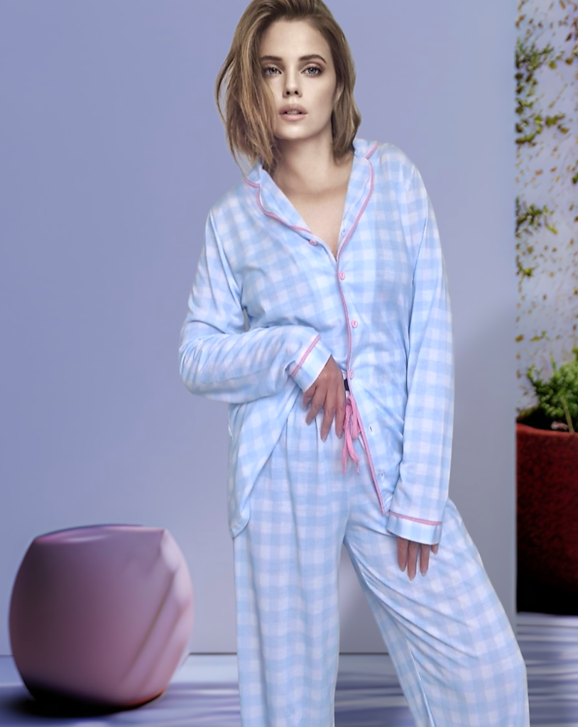 Pijama Adulto Alcinha Ted Xadrez c/ Calça Xadrez Azul Claro - Vitrine Rose