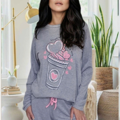 Pijama de Inverno Feminino Moletinho Estampado Cinza