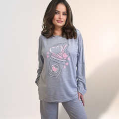 Pijama de Inverno Feminino Moletinho Estampado Cinza