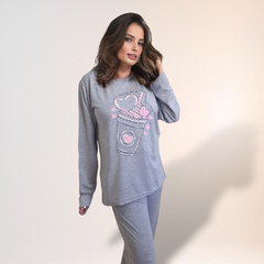 Pijama de Inverno Feminino Moletinho Estampado Cinza - Sweet Dreams Comfy