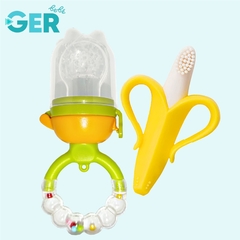 Chupón Fruta Alimentador Push con Sonaja + Cepillo Dental Pediátrico en forma de Banana - GER Bebé