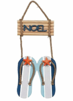 Enfeite natal placa noel beach azul/branco