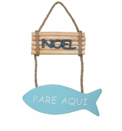 Enfeite natal placa noel beach peixe - azul/bege