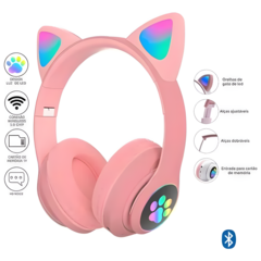 Fone Bluetooth Orelha De Gato Led Colorido (ROSA) na internet