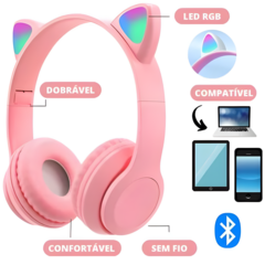 Fone Bluetooth Orelha De Gato Led Colorido (ROSA) - Suricatto Store