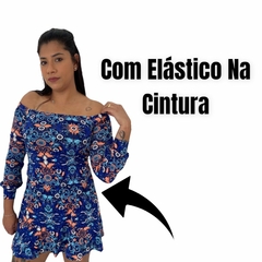 Vestido Curto Manga longa Elastico Ombro Ciganinha Estampado