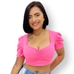 Blusinha Cropped Manga Bufante Princesa C Decote Feminina