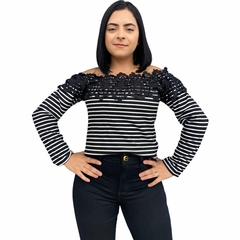 BLUSINHA MANGA LONGA FEMININA LISTRADA COM RENDA